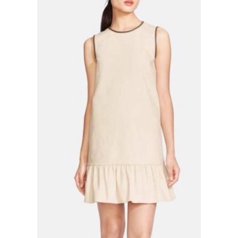 Kate Spade Drop Waist Ruffle Brown Leather Trim Dress Beige Size 8 Keyhole Back